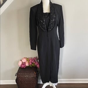 Vintage Long Black Women's Blazer with Embellished Collar